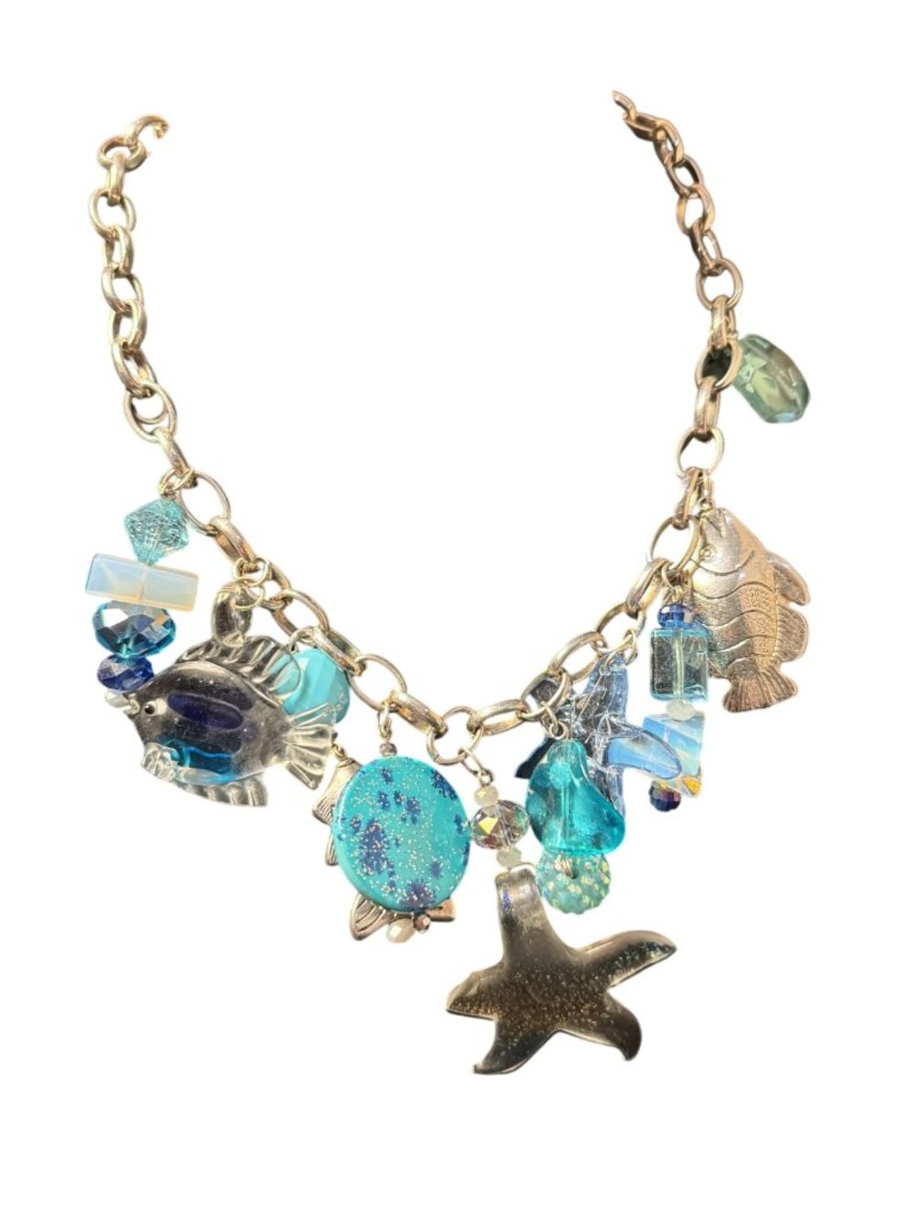 Silver Toned Chain Charm Necklace Blue Aqua Beach Theme